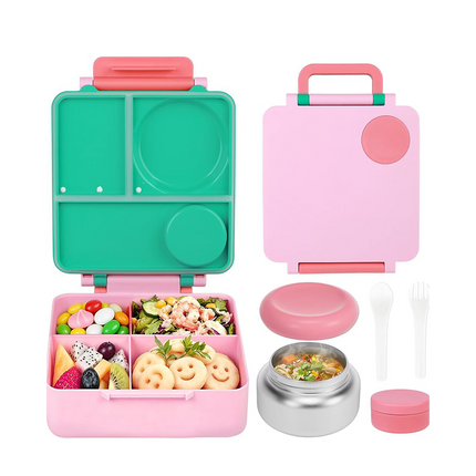 Insulated Lunch Box for Kids, Leakproof Bento Box with 4 Compartments, Bento Lunch Box with Food Jar and Utensils