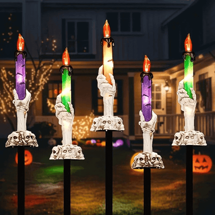 Solar Halloween Lights Outdoor, Halloween Yard Decor with 5 Skull Candle Lights, Indoor Halloween Decorations for Porch