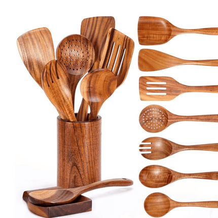 Wooden Kitchen Utensil Set 11 Piece, Teak Wooden Cooking Utensils with Holder and Spoon Rest, Wooden Spoons and Spatulas